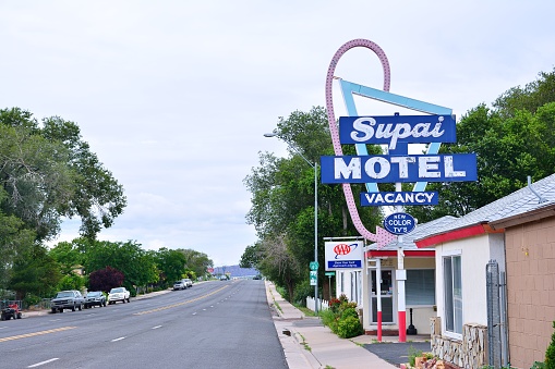 Seligman, Arizona, Usa - July 24, 2017: Sign of Supai Motel on freeway 40 historic Route 66 in Seligman, Arizona