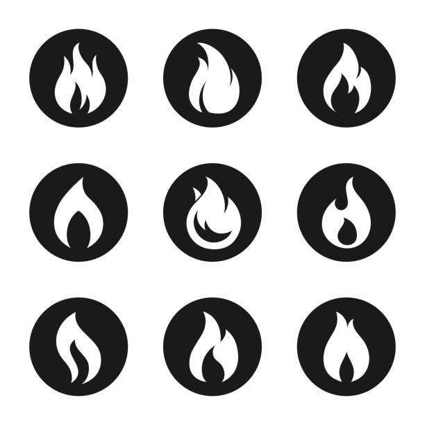 Fire flame icon button set Fire flame icon and pictogram button set. Hot emotion, aggression or strong desire symbol. Vector flat style illustration isolated on white background flame icons stock illustrations