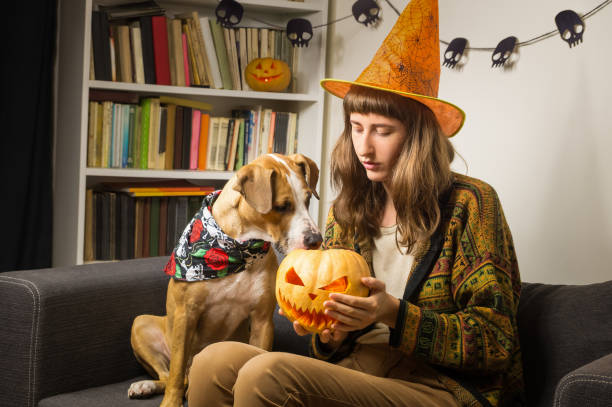istock Girl in halloween witch hat sit on the sofa with dog interested in jack'o'lantern 861876850