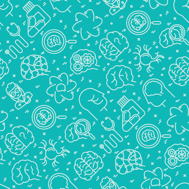 Neurology seamless pattern with thin line icons: brain, neuron, neural connections, neurologist, magnifier. Vector illustration for background of medical survey or report. vector art illustration
