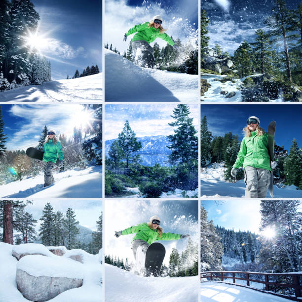 winter snow snowboarder theme collage composed of a few different images ski lift photos stock pictures, royalty-free photos & images