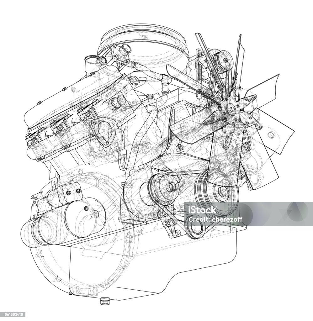 Engine sketch. Vector Engine sketch. Vector rendering of 3d. Wire-frame style Engine stock vector