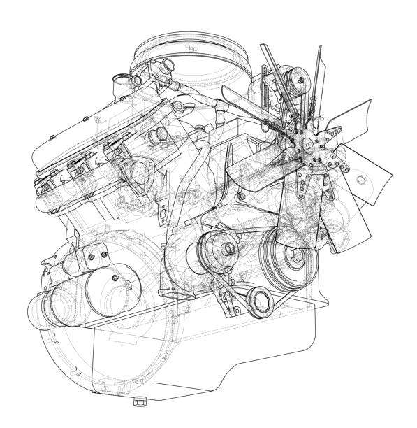 Engine sketch. Vector Engine sketch. Vector rendering of 3d. Wire-frame style engine illustrations stock illustrations