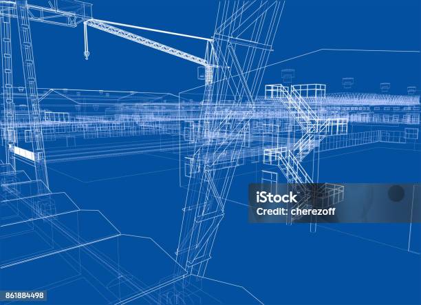 Industrial Zone With Buildings And Cranes Stock Illustration - Download Image Now - Blueprint, Construction Frame, Steel