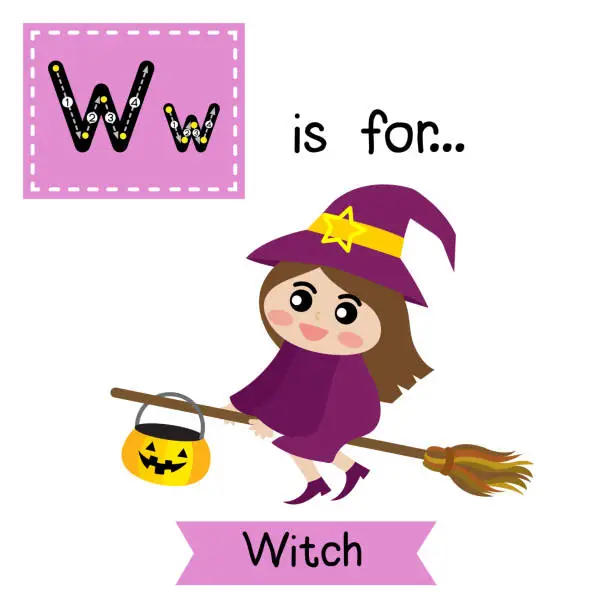 Vector illustration of Letter W tracing. Witch riding a broomstick