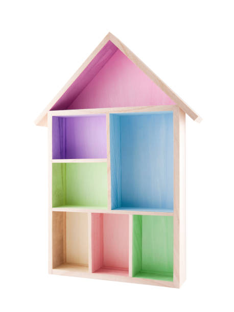 istock Colorful wooden house shaped shelf isolated on white 861891632