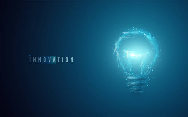 innovation-konzept. glühbirne in modernen polygonalen stil mit lichteffekt - light bulb electricity lighting equipment blue stock-grafiken, -clipart, -cartoons und -symbole