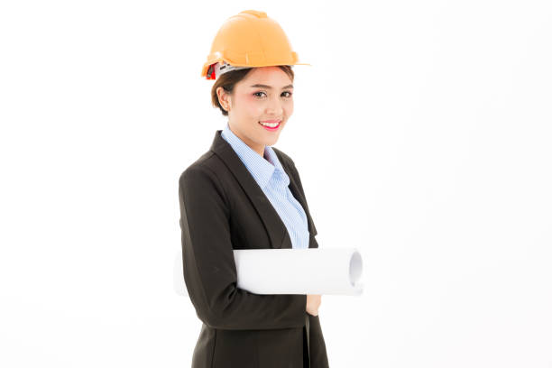 istock Young attractive confident asian business woman with hardhat posing. 861900196