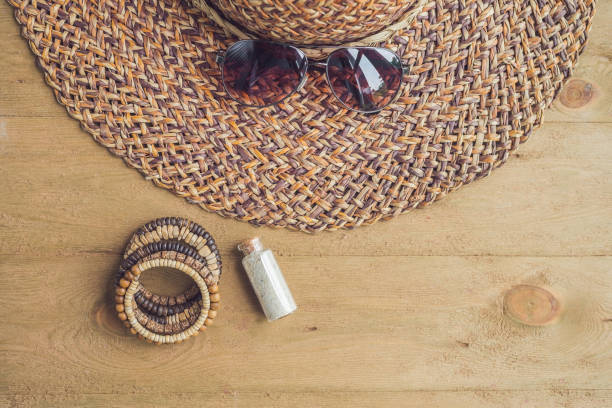 istock Summer holiday, vacation, relaxation concept. Straw hat,, sunglasses from above, top view, flat lay on wooden background. Colorful background with free text copy space. Summer vibes concept 861904376