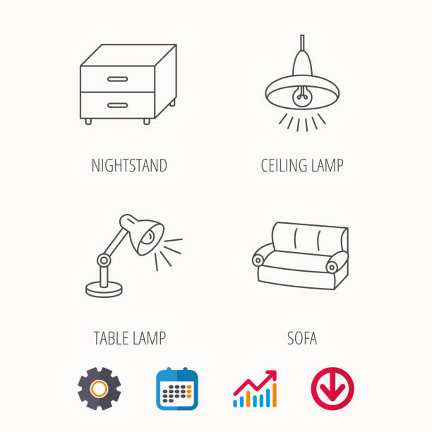 Sofa, table lamp and nightstand icons. Sofa, table lamp and nightstand icons. Ceiling lamp linear sign. Calendar, Graph chart and Cogwheel signs. Download colored web icon. Vector ceiling illustrations stock illustrations