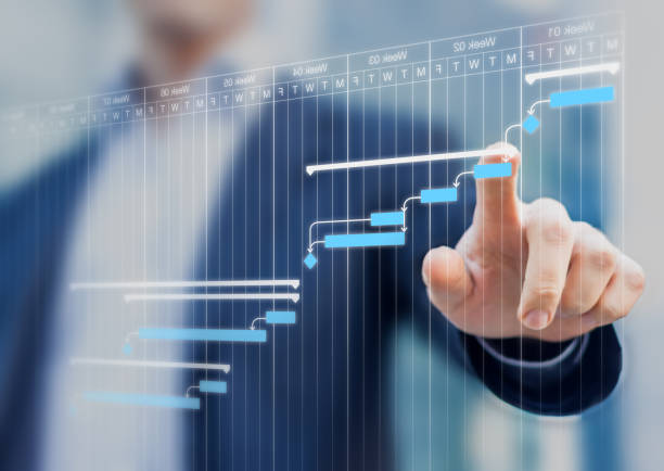 director del proyecto actualización de diagrama de gantt de planificación en una pantalla virtual - trabajo de oficina fotografías e imágenes de stock