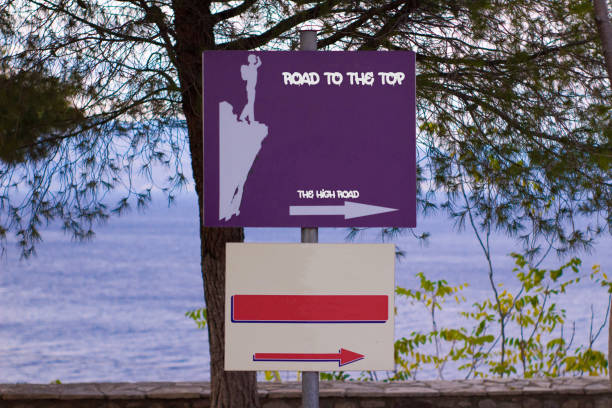 label sign with copy space and high road to success with arrows pointing the way