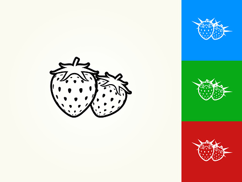 Two Strawberries Black Stroke Linear Icon. This royalty free vector illustration is featuring a black outline linear icon on a light background. The stroke is editable and the width of the line can be easily adjusted. The icon can also be converted to have a black fill color. The download includes 3 additional versions of this icon on blue, green and red background.