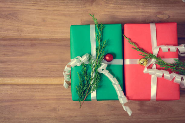 istock top view christmas gift box on wood table 861919826
