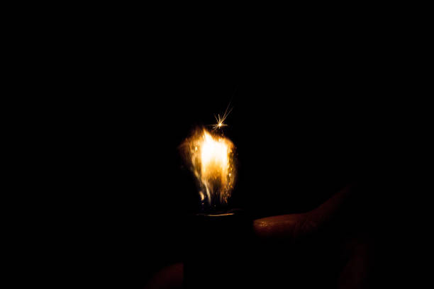 istock Close up view of real sparking light from lighter in dark black background 861920004