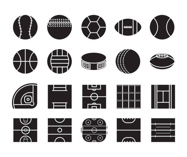 스포츠 공 및 경기장 아이콘 설정 - tennis tennis ball sphere ball stock illustrations