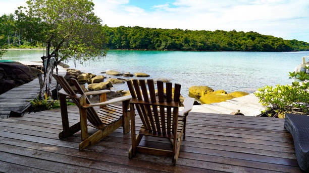 istock Balcony beside the beach and wooden chairs 861926030