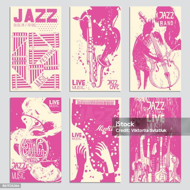 Poster For The Jazz Festival With Musical Instruments Hand Drawn Illustration With Different Ink Textures Stock Illustration - Download Image Now