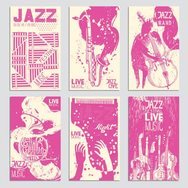 Vector illustration of Poster for the Jazz Festival with Musical Instruments. Hand Drawn illustration with Different Ink Textures.