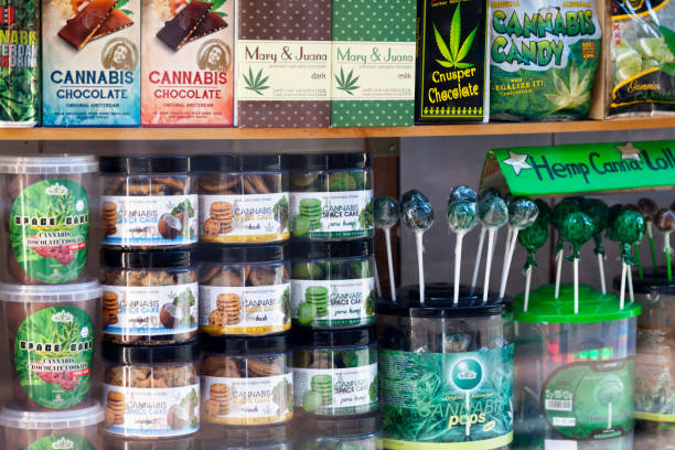 Showcase of cannabis shop in Amsterdam Amsterdam, Netherlands - August 27 2017: Variety of cannabis related products in a display case of a coffee shop in Amsterdam. cannabis store photos stock pictures, royalty-free photos & images