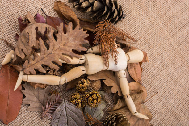 istock Wooden dolls posing amid leaves 861927290