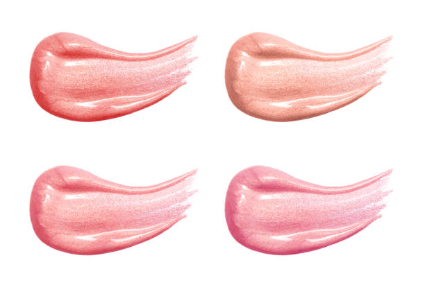 conjunto de labios diferentes lustres muestras de frotis de color pastel aisladas en blanco. producto de maquillaje manchado - gloss de labios fotografías e imágenes de stock