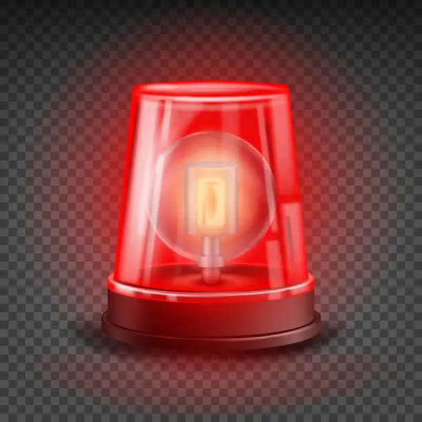 Vector illustration of Red Flasher Siren Vector. Realistic Object. Light Effect. Beacon For Police Cars Ambulance, Fire Trucks. Emergency Flashing Siren. Transparent Background Illustration