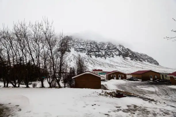 Gerdi guesthouse view during winter snow in Hofn Iceland