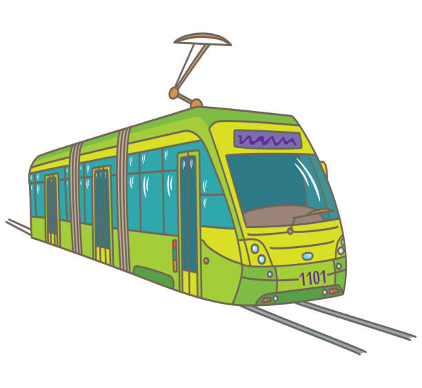 Modern green city tram on the tracks