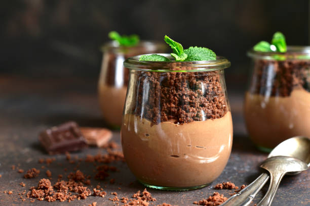 Pots with chocolate pudding,chocolate ground and plant Pots with chocolate pudding,chocolate ground and plant on a dark slate,stone or concrete background- creative funny dessert. mousse dessert stock pictures, royalty-free photos & images