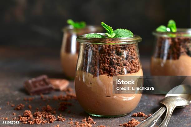 Pots With Chocolate Puddingchocolate Ground And Plant Stock Photo - Download Image Now