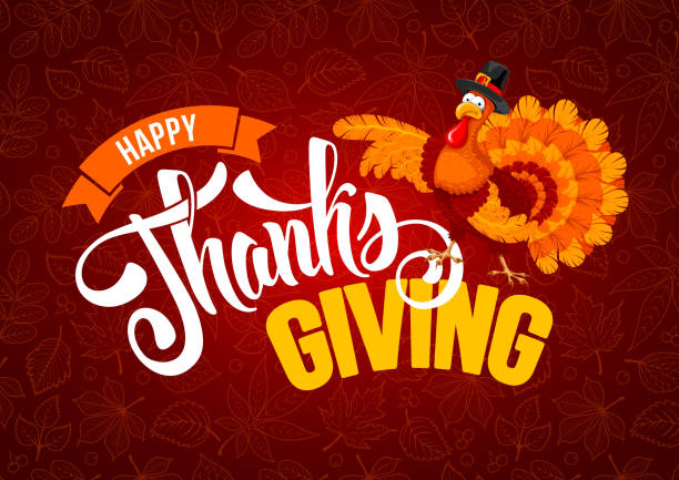 Thanksgiving day greeting Thanksgiving greeting design with cheerful turkey and calligraphy inscription Happy Thanksgiving Day on red background with leafs pattern. Vector illustration. cartoon of bird with glasses stock illustrations