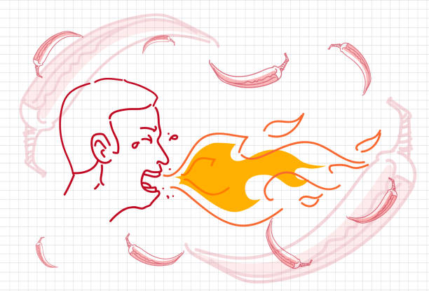 stockillustraties, clipart, cartoons en iconen met mannelijke ademhaling vuur, hete chili peper concept schets - chili fire