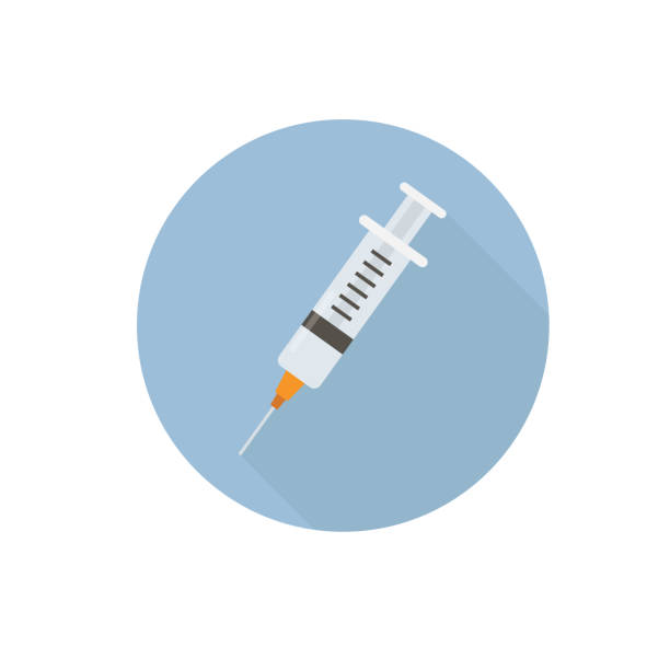 płaska ikona strzykawki medycznej z długim cieniem. koncepcja opieki zdrowotnej - wstrzykiwać stock illustrations