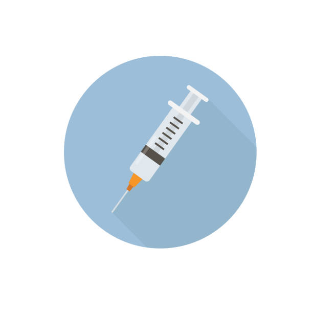 ilustrações de stock, clip art, desenhos animados e ícones de flat medical syringe icon with long shadow. health care concept - injecting