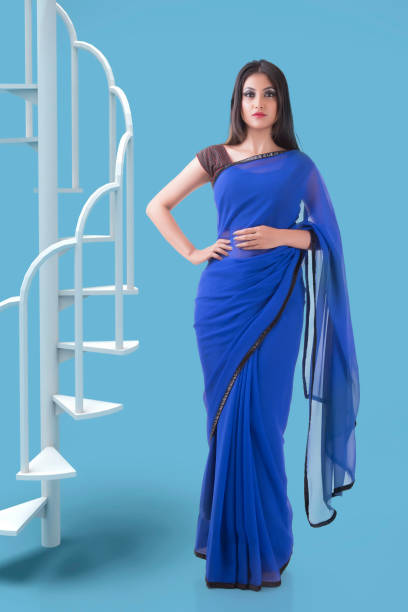 Indian Woman in Blue georgette saree Indian Woman in Blue georgette saree sari stock pictures, royalty-free photos & images