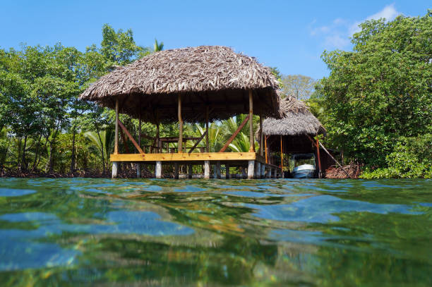 istock Tropical hut with thatch roof from water surface 861962792