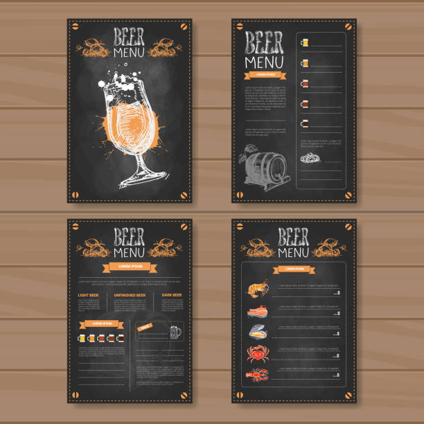 ilustraciones, imágenes clip art, dibujos animados e iconos de stock de cerveza diseño menu para restaurante cafe pub apostaba sobre fondo con textura madera - beer backgrounds alcohol glass