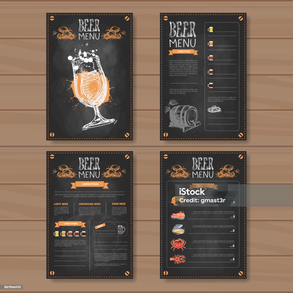 Design del menu della birra per il restaurant cafe pub gessoso su sfondo strutturato in legno - arte vettoriale royalty-free di Menù