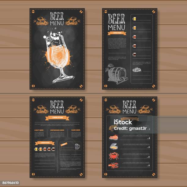 Beer Menu Set Design For Restaurant Cafe Pub Chalked On Wooden Textured Background Stock Illustration - Download Image Now