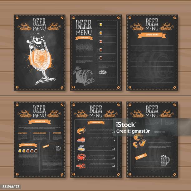Beer Menu Set Design For Restaurant Cafe Pub Chalked On Wooden Textured Background Stock Illustration - Download Image Now