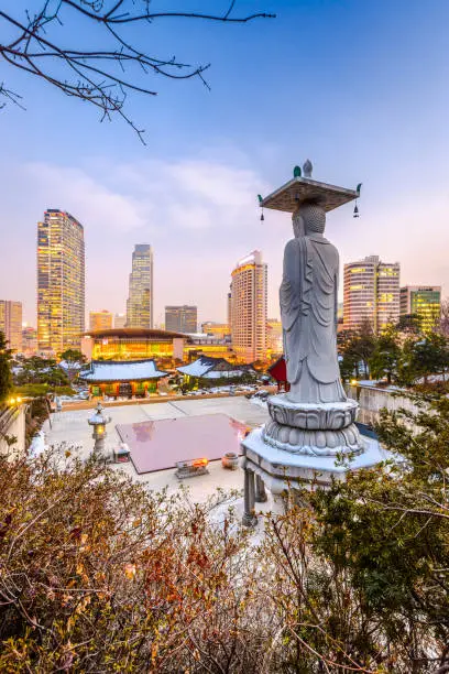 Seoul, South Korea skyline from Bongeunsa Temple.