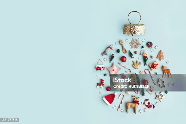 Christmas Ornament Flat Lay Stock Photo - Download Image Now - Christmas, Backgrounds, Christmas Tree