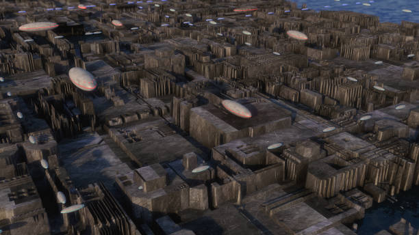 istock 3d rendering. Futuristic city and spaceships 861975868