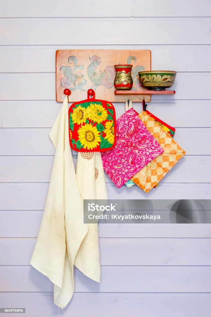 Rustic Decoration Of The Kitchen A Lot Of Trend Colored Linen Napkin And  Towels Hanging On The Vintage Handmade Grunge Chalkboard With Copy Space  Four Natural Cotton On Hanger At Rustic Style