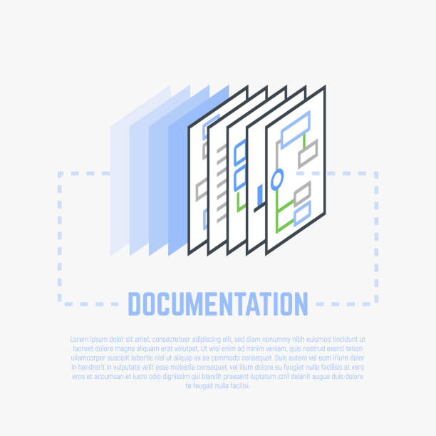 ilustraciones, imágenes clip art, dibujos animados e iconos de stock de ilustración de línea de proceso de documentación - stack tax paper document