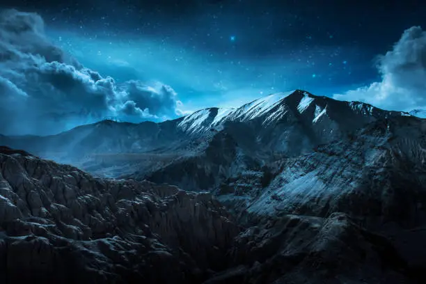 Beautiful landscape snow mountains at night on blue cloud and star background. Leh, Ladakh, India.(Double Exposure)