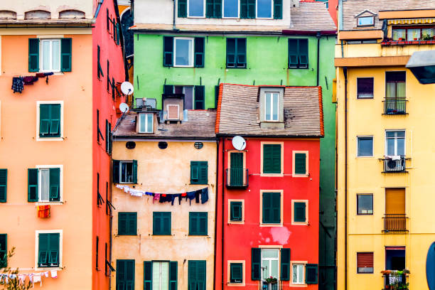 Genoa old urban colorful architecture in harbor.
