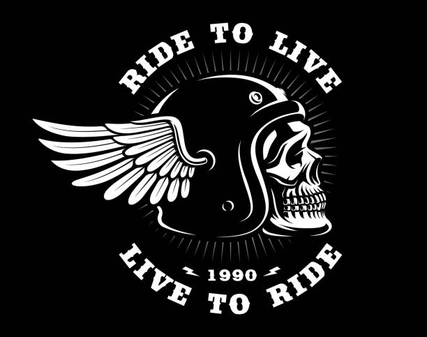 Biker skull in helmet with wing on dark background Biker skull in helmet with wing. All elements, text, are on the separate layers. (VERSION ON DARK BACKGROUND) cafe racer stock illustrations