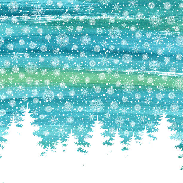 Christmas and Happy New Year greeting card. Hand drawn watercolor winter holidays landscape background with trees, snowflakes, falling snow. Christmas and Happy New Year greeting card. Hand drawn watercolor winter holidays landscape background with trees, snowflakes, falling snow. craster stock pictures, royalty-free photos & images